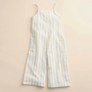 Girls size 8 100% organic cotton wideleg jumpsuit off white and navy blue.